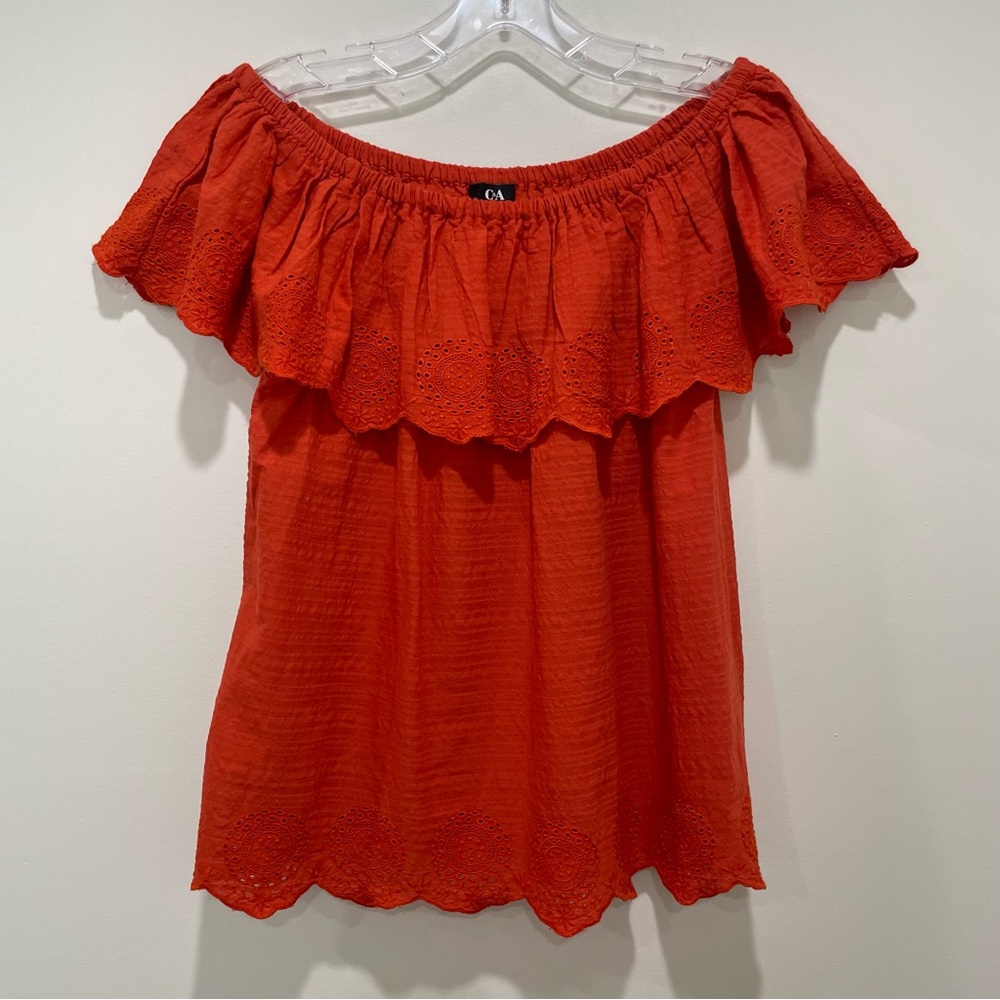 New Eyelet  Embroidered Summer Ruffle Off shoulder Top Dark orange size Medium